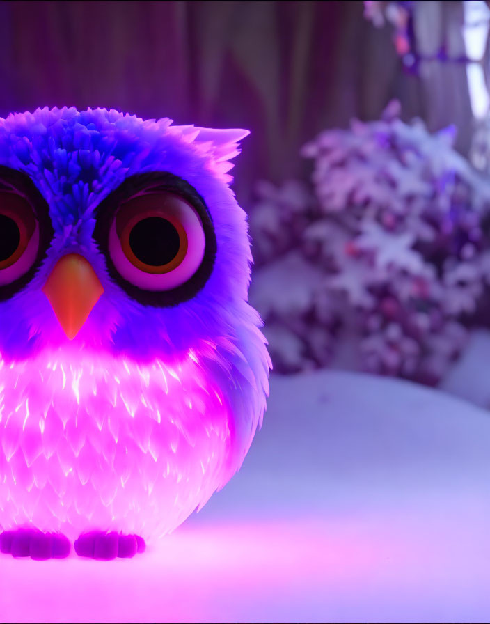 Colorful illuminated toy owl in bright purple and pink hues on soft-focus background.