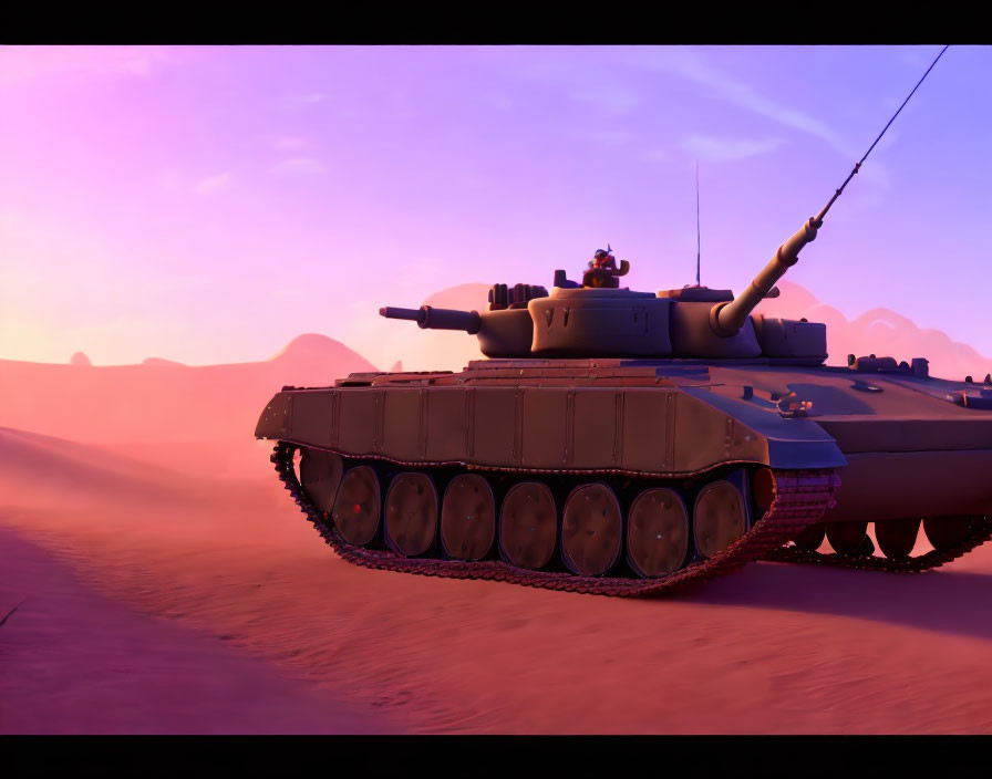 Solitary tank in desert at sunset with long shadows