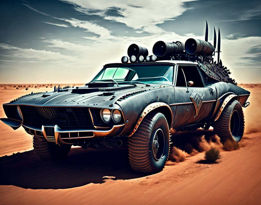 Custom muscle car with off-road tires and roof rockets in desert setting