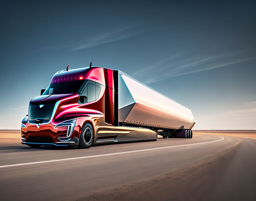 Futuristic red and black semi truck with aerodynamic design on smooth road