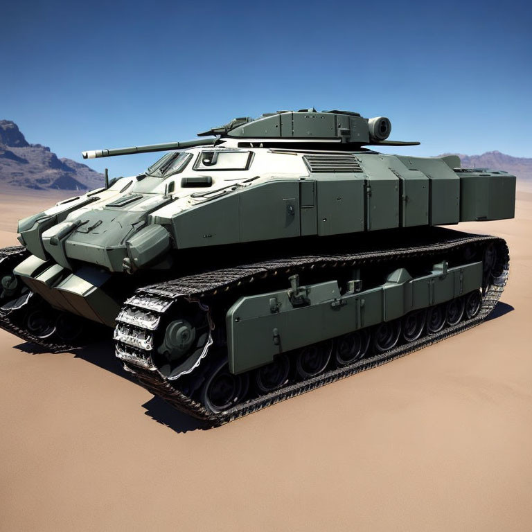 Green Futuristic Tank with Heavy Armor and Cannons in Desert Landscape