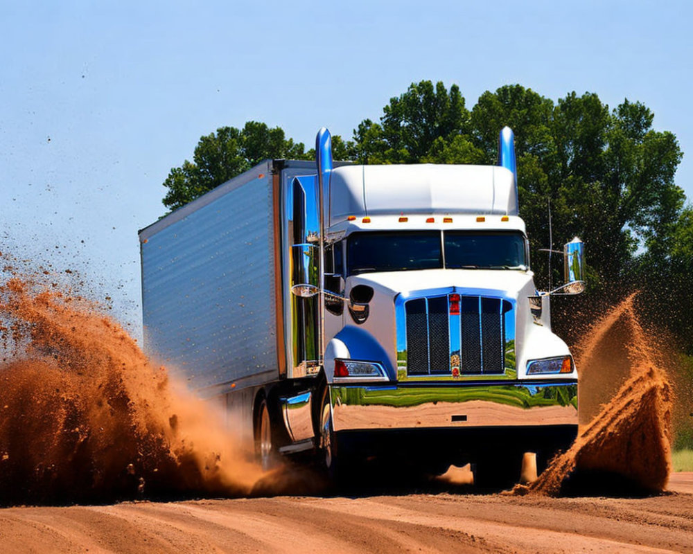 White semi-truck on dirt road kicking up dust under clear blue sky