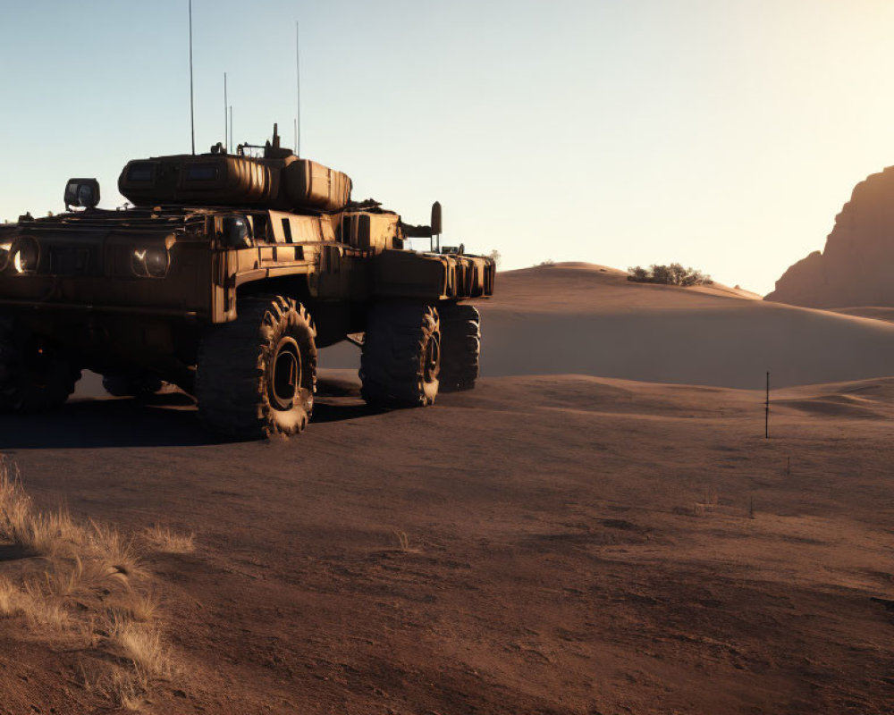 Armored military vehicle in desert at dusk with long shadow