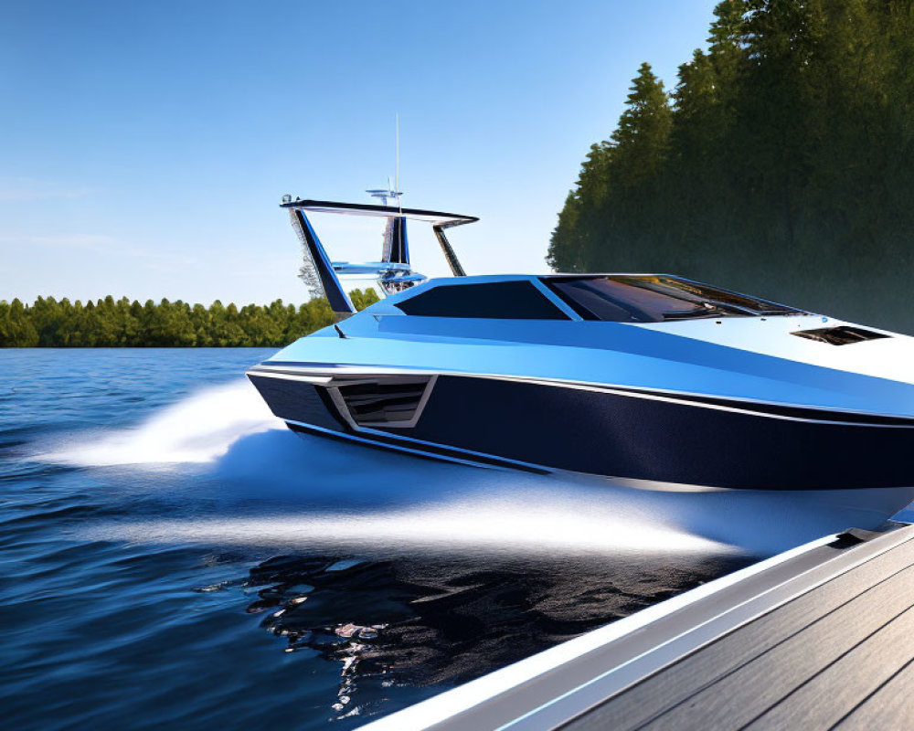 Blue and White Speedboat Creating Spray on Water with Lush Treeline and Clear Sky