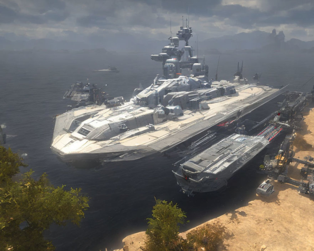 Futuristic battleship at coastal facility with mountains & vessels