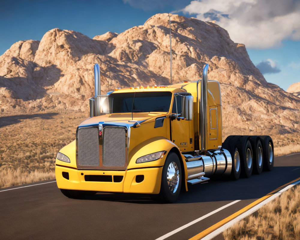 Yellow Semi-Truck with Chrome Details Driving in Desert Landscape