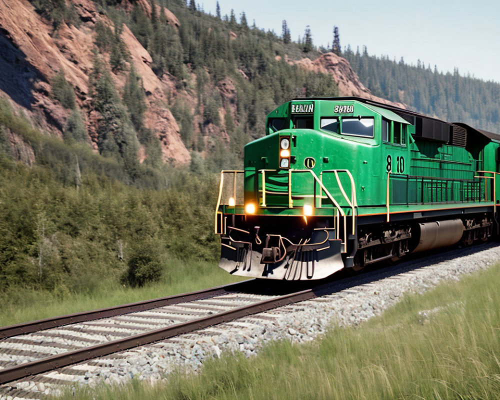 Green diesel locomotive on railway through scenic landscape