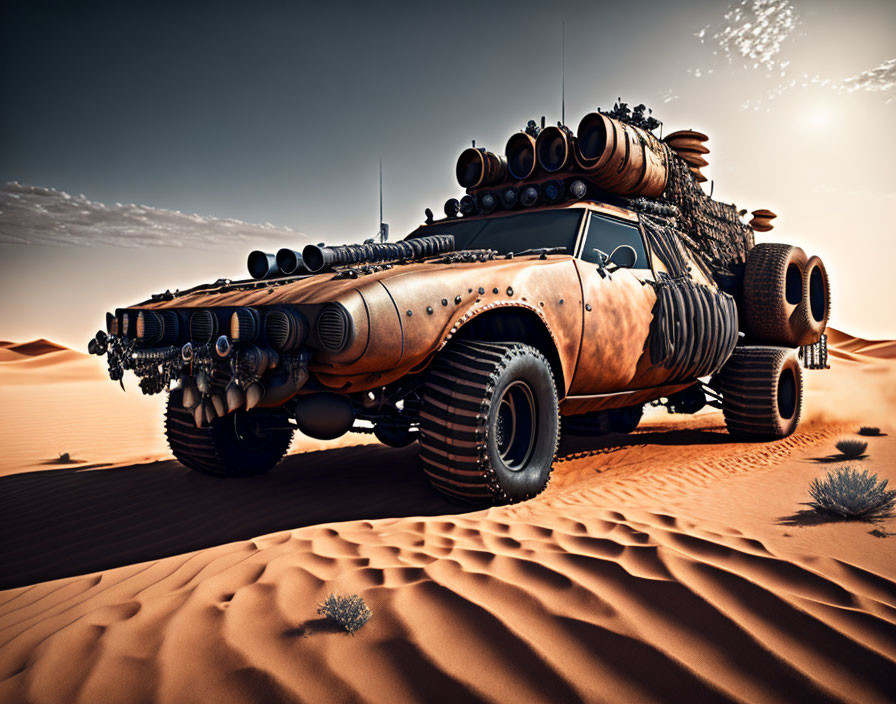 Armored vehicle with oversized tires and exhaust pipes in desert setting