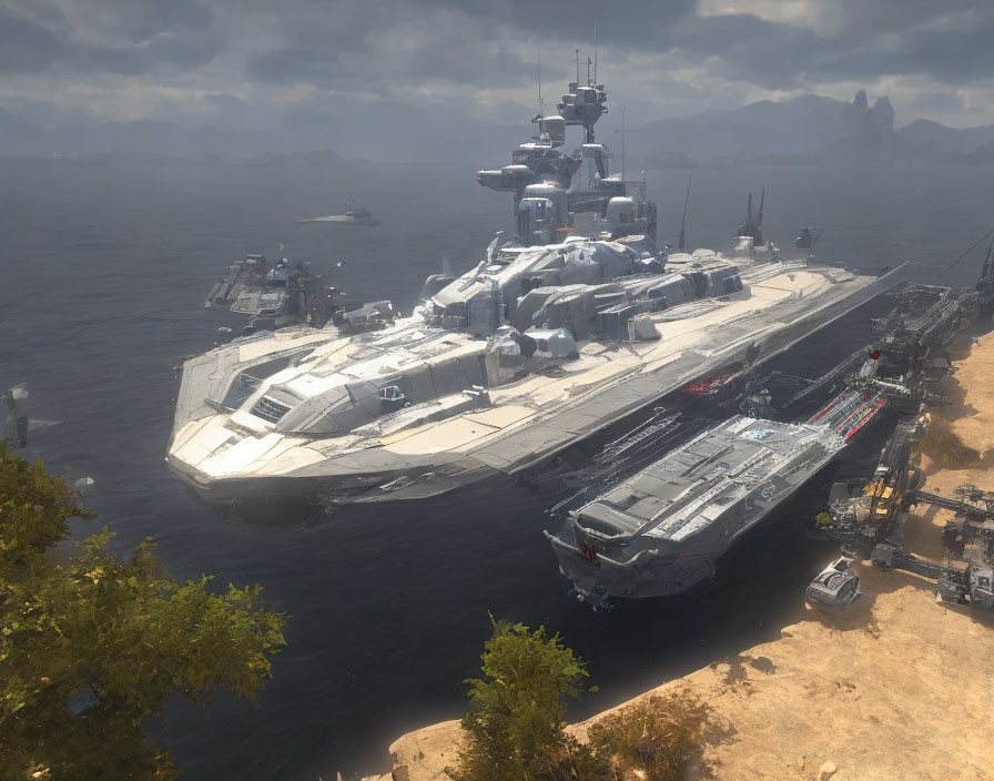 Futuristic battleship at coastal facility with mountains & vessels