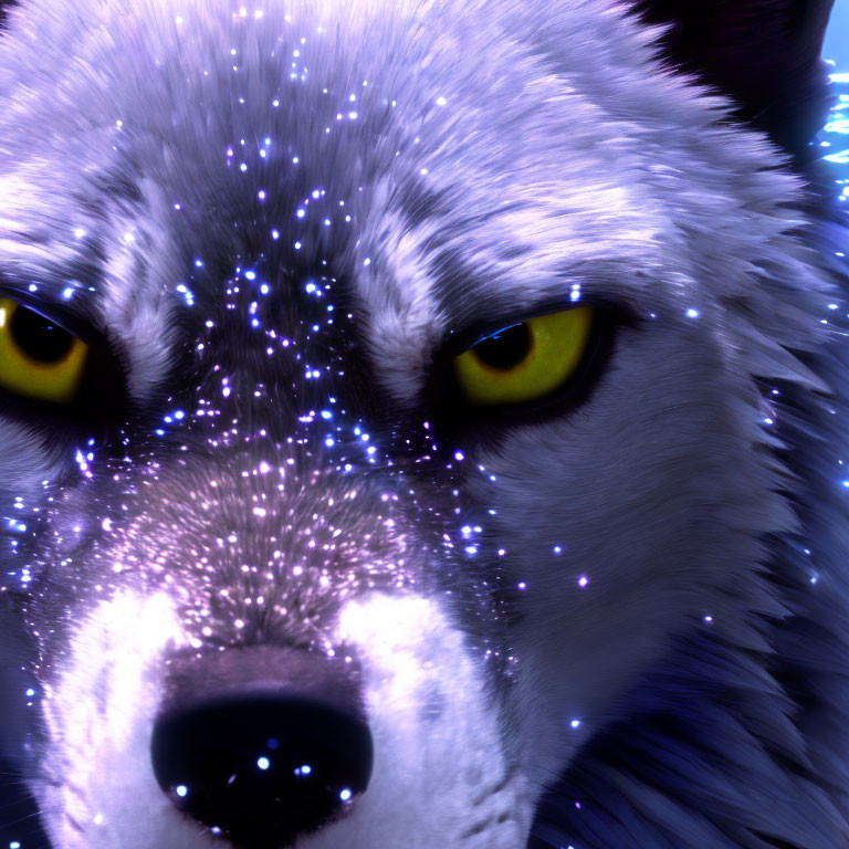 Digital art of wolf with cosmic texture and yellow eyes