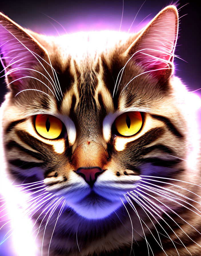 Close-up of cat with yellow eyes and tabby coat under purple and pink lighting