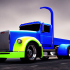 Classic Blue and Green Semi-Truck with Large Exhaust Pipe on Empty Road