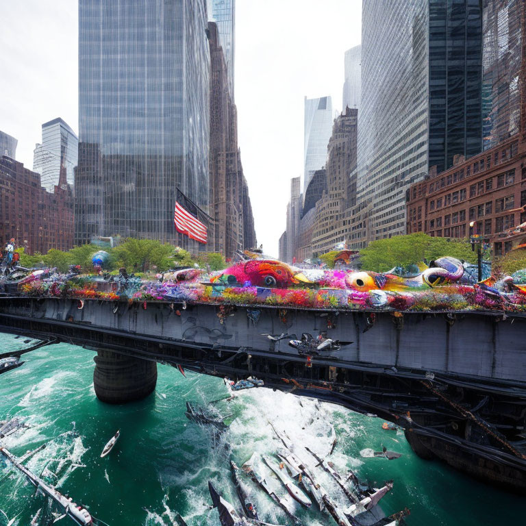 Vibrant city bridge installation with kayaks and skyscrapers under overcast sky
