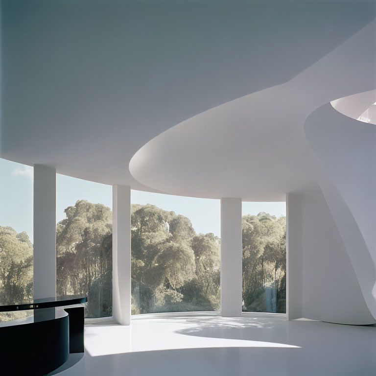 Contemporary Interior Design with Curved White Structures and Large Windows