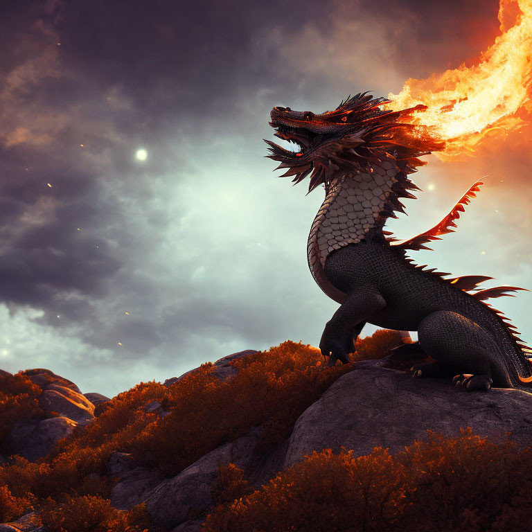 Majestic dragon breathing fire on rocky outcrop at dusk