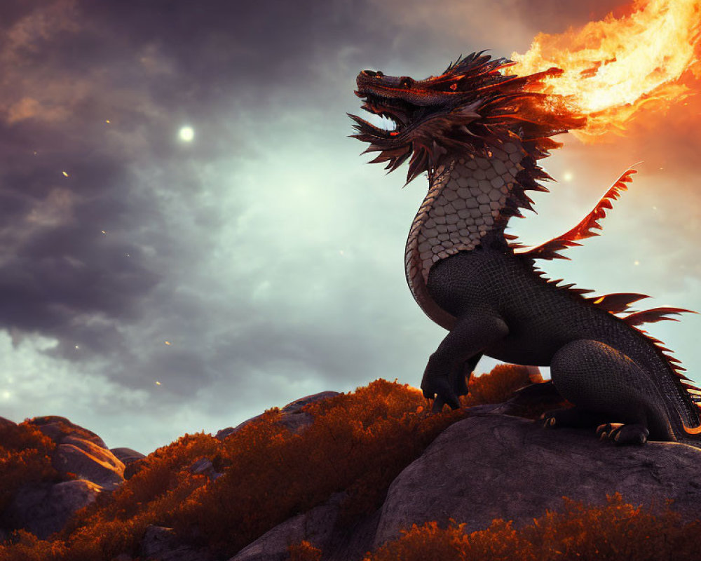Majestic dragon breathing fire on rocky outcrop at dusk