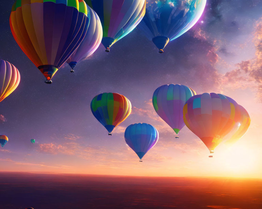 Vibrant hot air balloons in surreal sky with oversized planet and stars