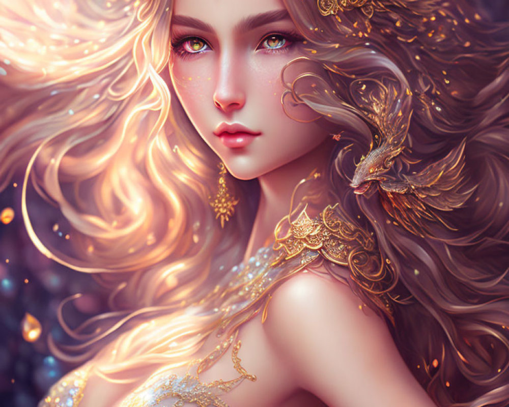 Fantasy portrait of a woman with golden hair and intricate gold jewelry