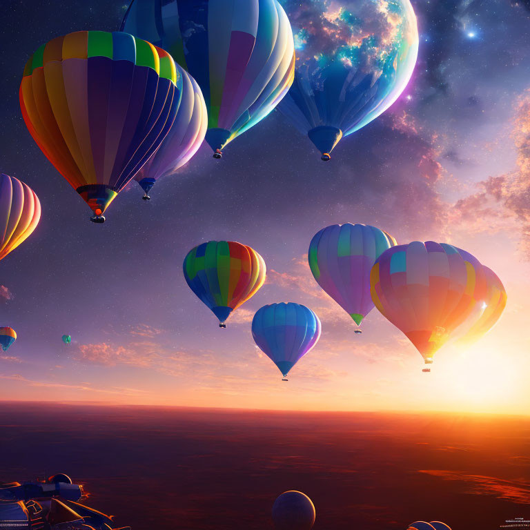 Vibrant hot air balloons in surreal sky with oversized planet and stars
