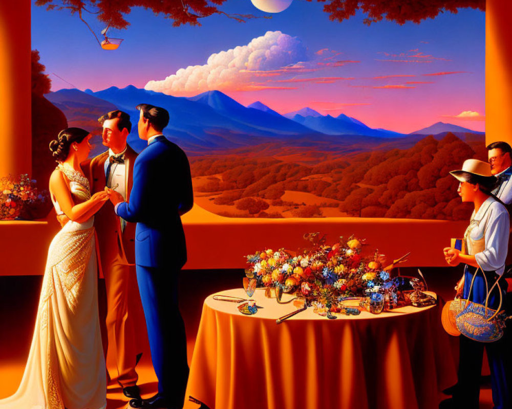 Elegantly dressed group at formal outdoor event with vibrant sunset hues and mountainous backdrop