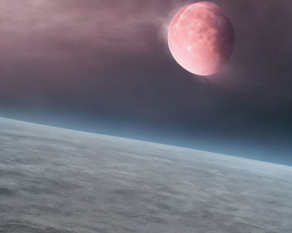 Barren landscape with dark sky and pink moon.