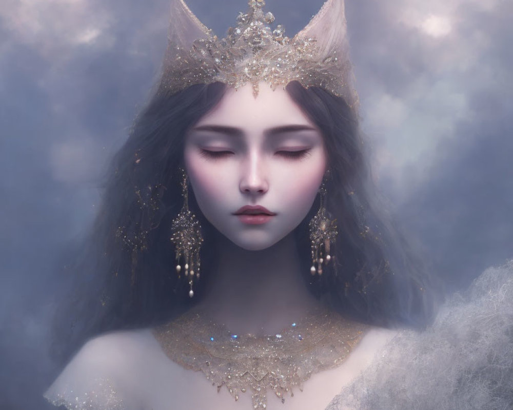 Mystical woman with ornate crown and ethereal attire in misty setting