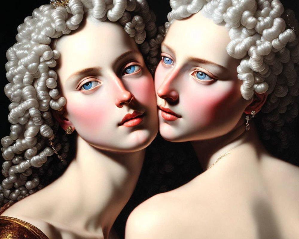 Identical female figures with pale skin and curly white hair sharing one pair of blue eyes against dark background