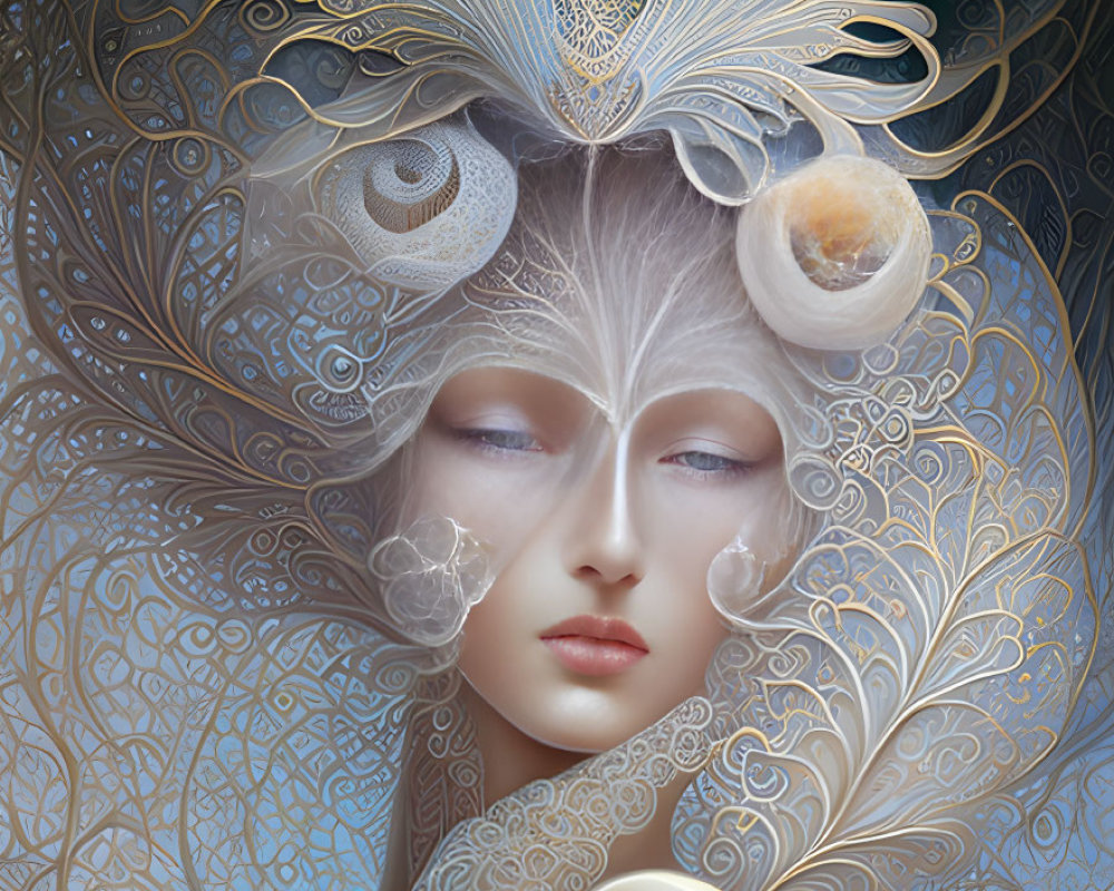 Ethereal digital artwork of woman with elaborate headpiece and swirling hair