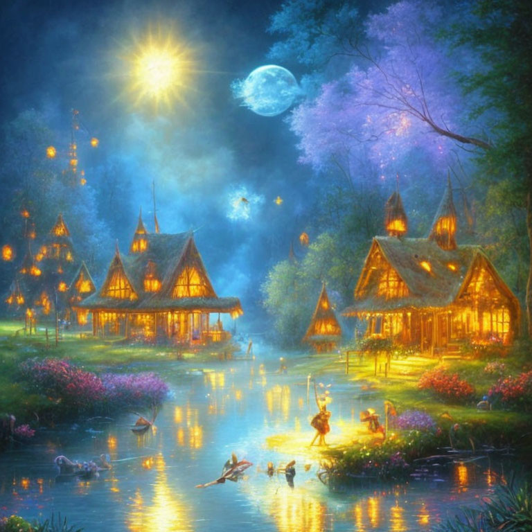 Twilight scene with illuminated cottages, river, ducks, fireflies, moon, plants, and