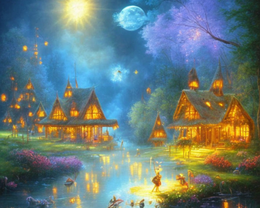 Twilight scene with illuminated cottages, river, ducks, fireflies, moon, plants, and