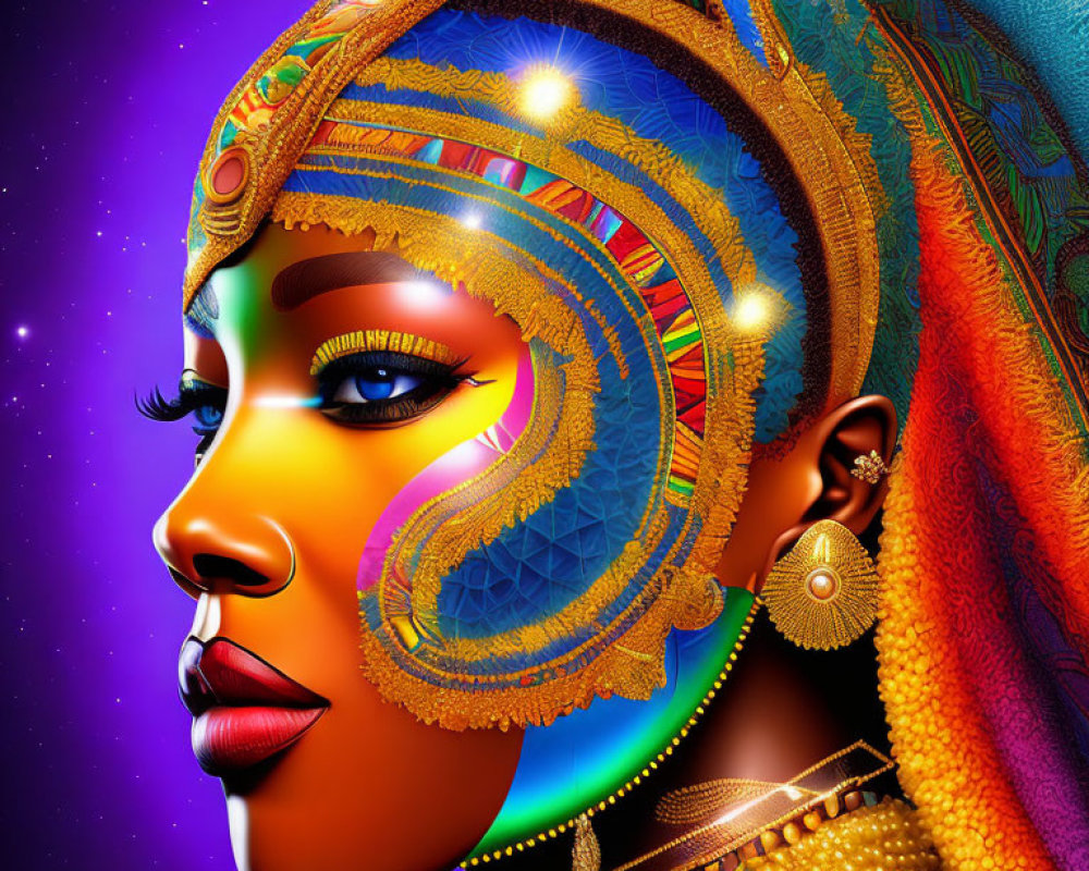 Colorful digital artwork: Woman with golden headdress, intricate skin patterns, star background.