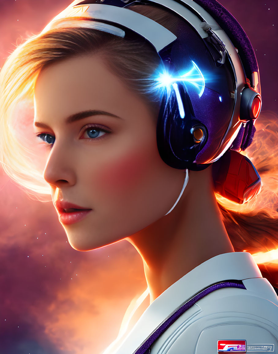 Sci-fi digital art portrait of woman with glowing headphones in colorful nebula background