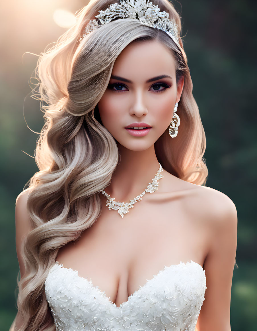 Blonde woman in tiara and elegant white dress