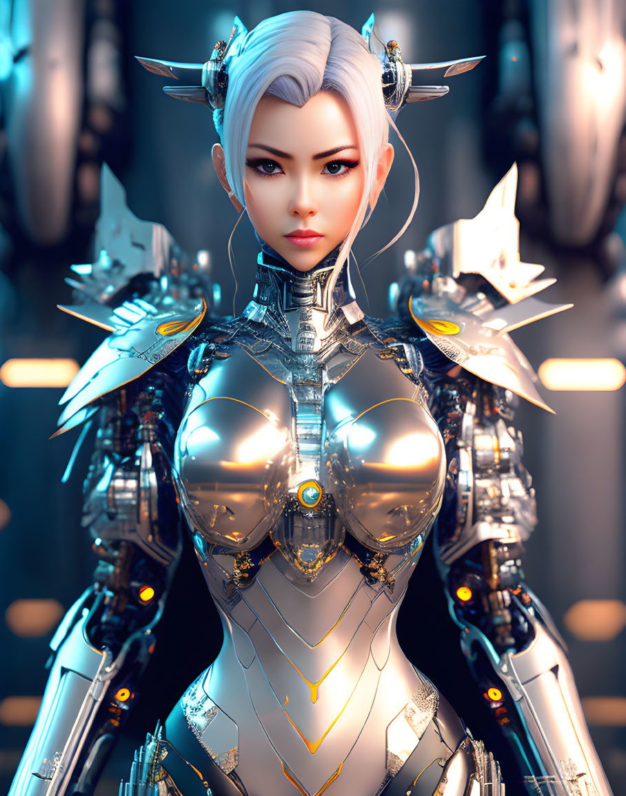 Detailed 3D illustration of female humanoid robot in futuristic armor on metallic background