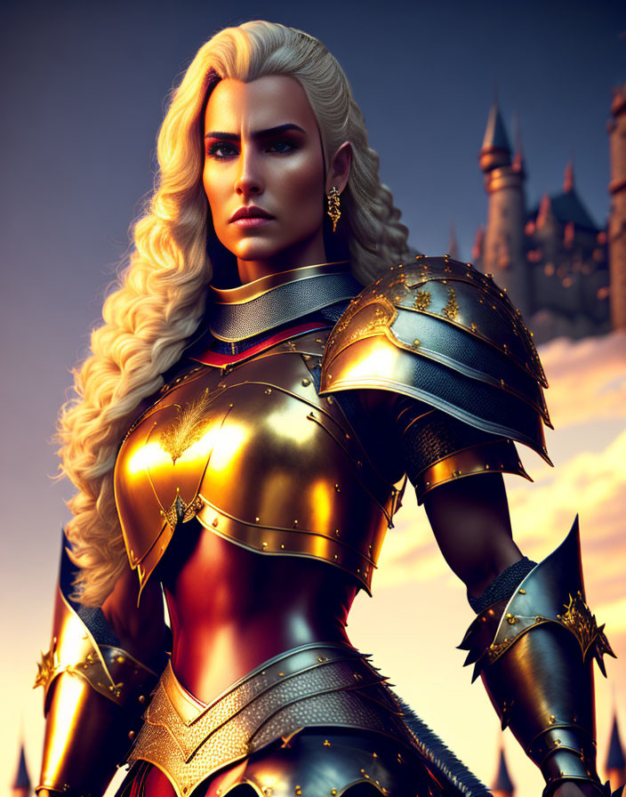 Blonde warrior woman in golden armor with castle twilight sky.