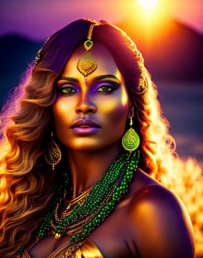 Woman with Golden Makeup and Jewelry in Mystical Sunset Portrait