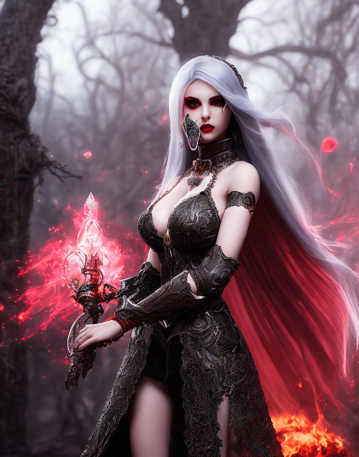 White-haired person in black costume wields flaming staff in foggy forest