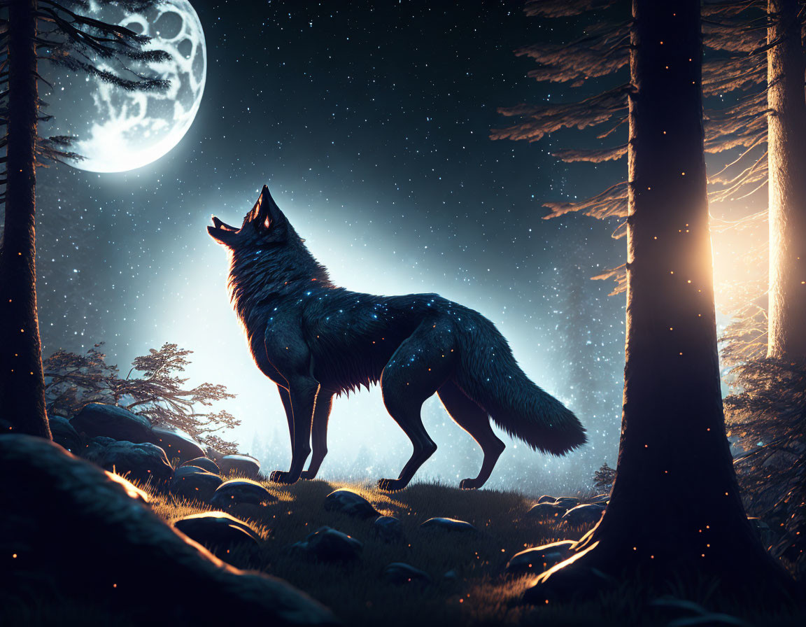Lone wolf howling under full moon in mystical forest at night