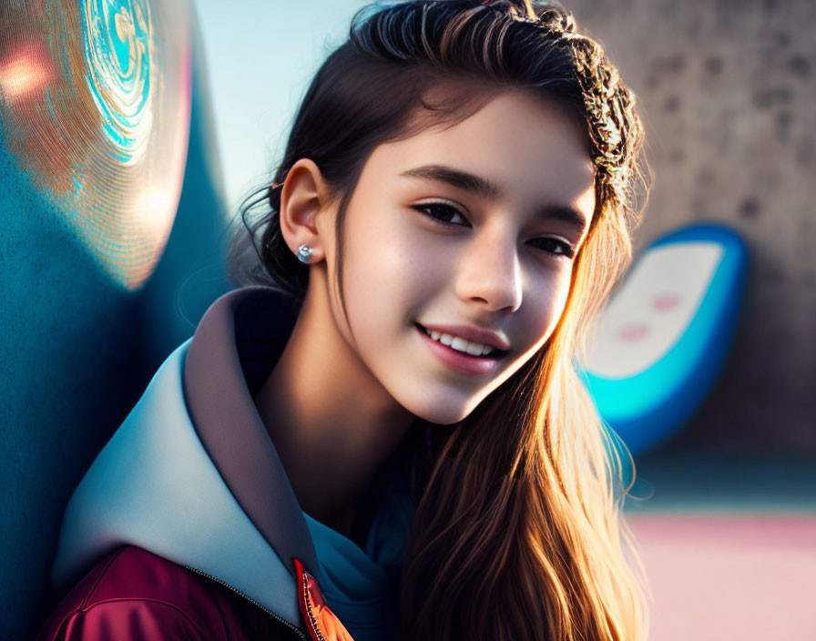 Young girl with long brown hair smiling in colorful jacket against blue textured wall.