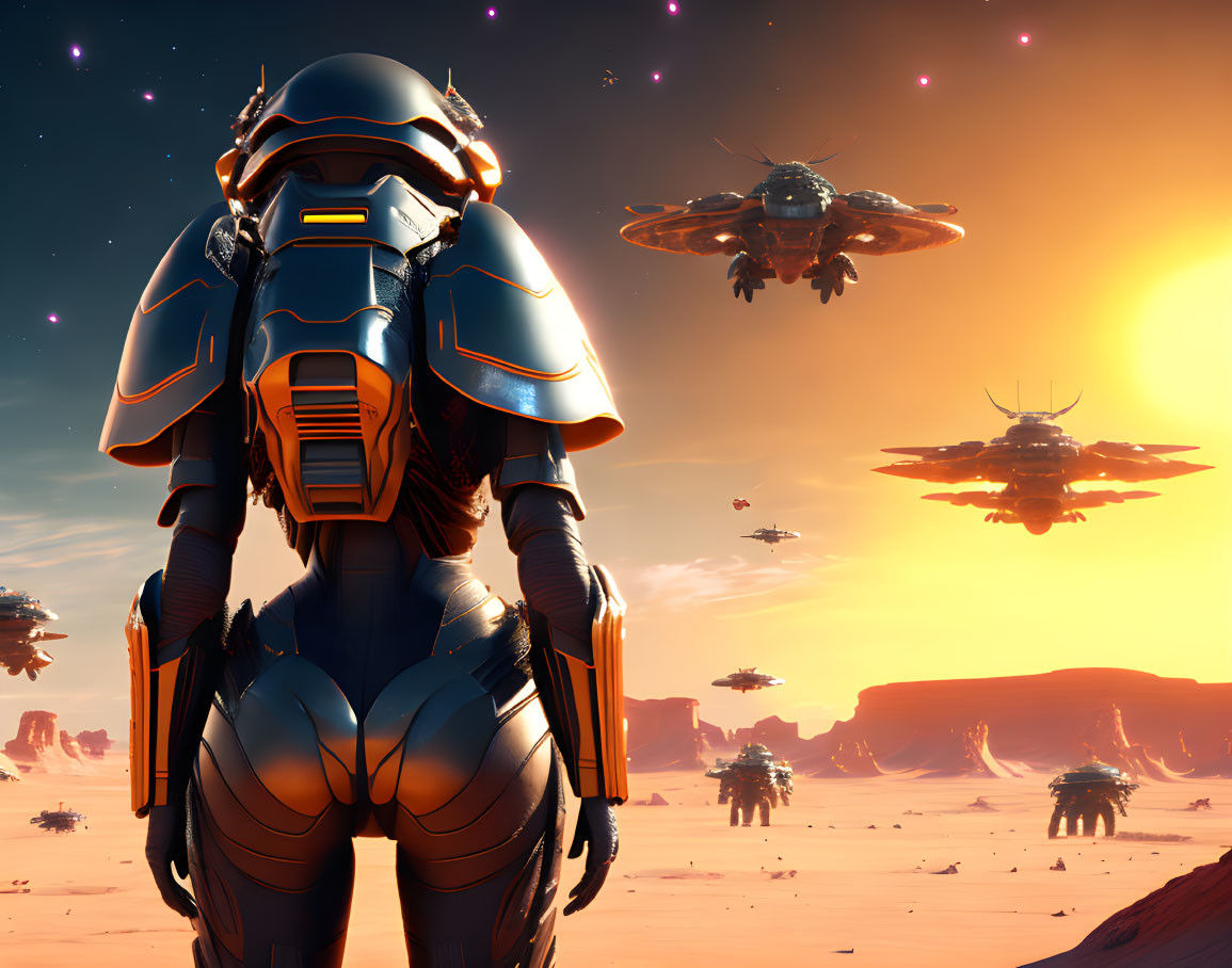 Armored figure on alien desert planet gazes at convoy under orange starlit sky