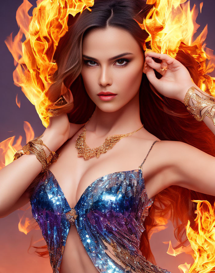 Woman with Fiery Hair and Galaxy Corset Poses Against Red Backdrop