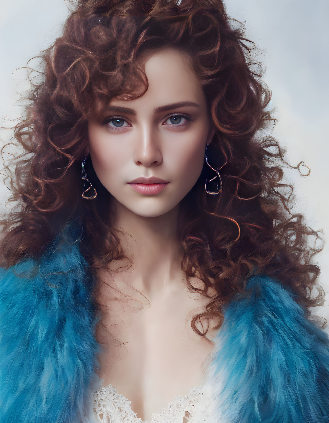 Curly-haired woman in blue feathered attire with striking blue eyes