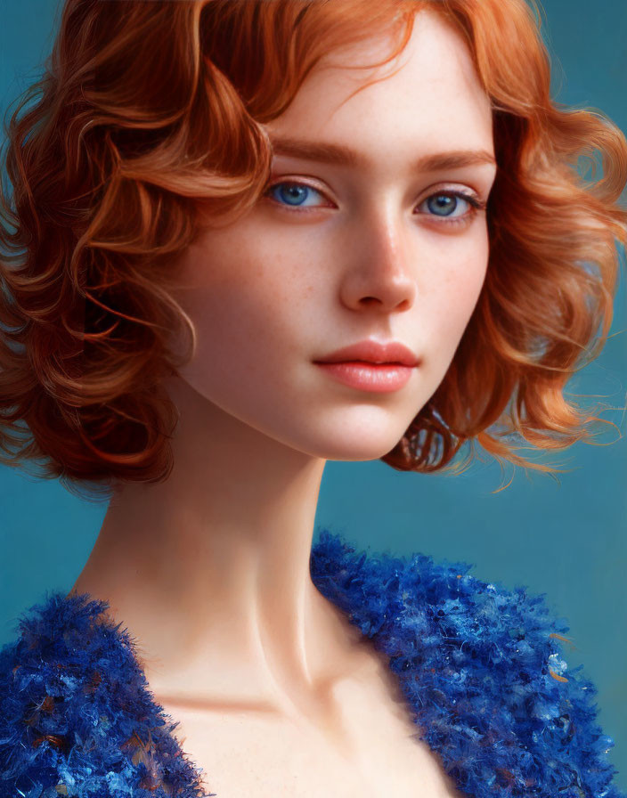 Portrait of woman with curly red hair and blue eyes in blue textured garment