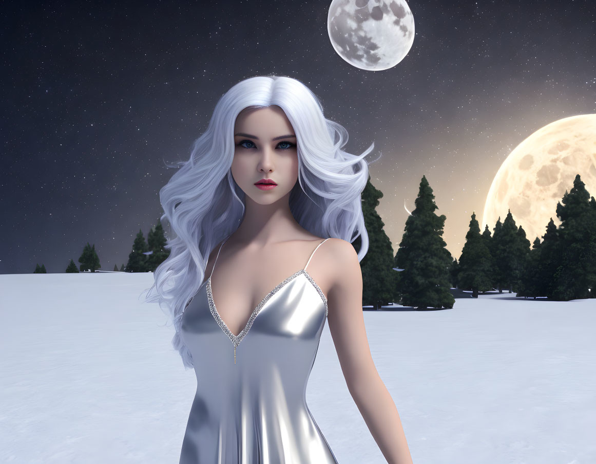 Digital illustration of woman with white hair in silver dress in snowy night landscape with two moons