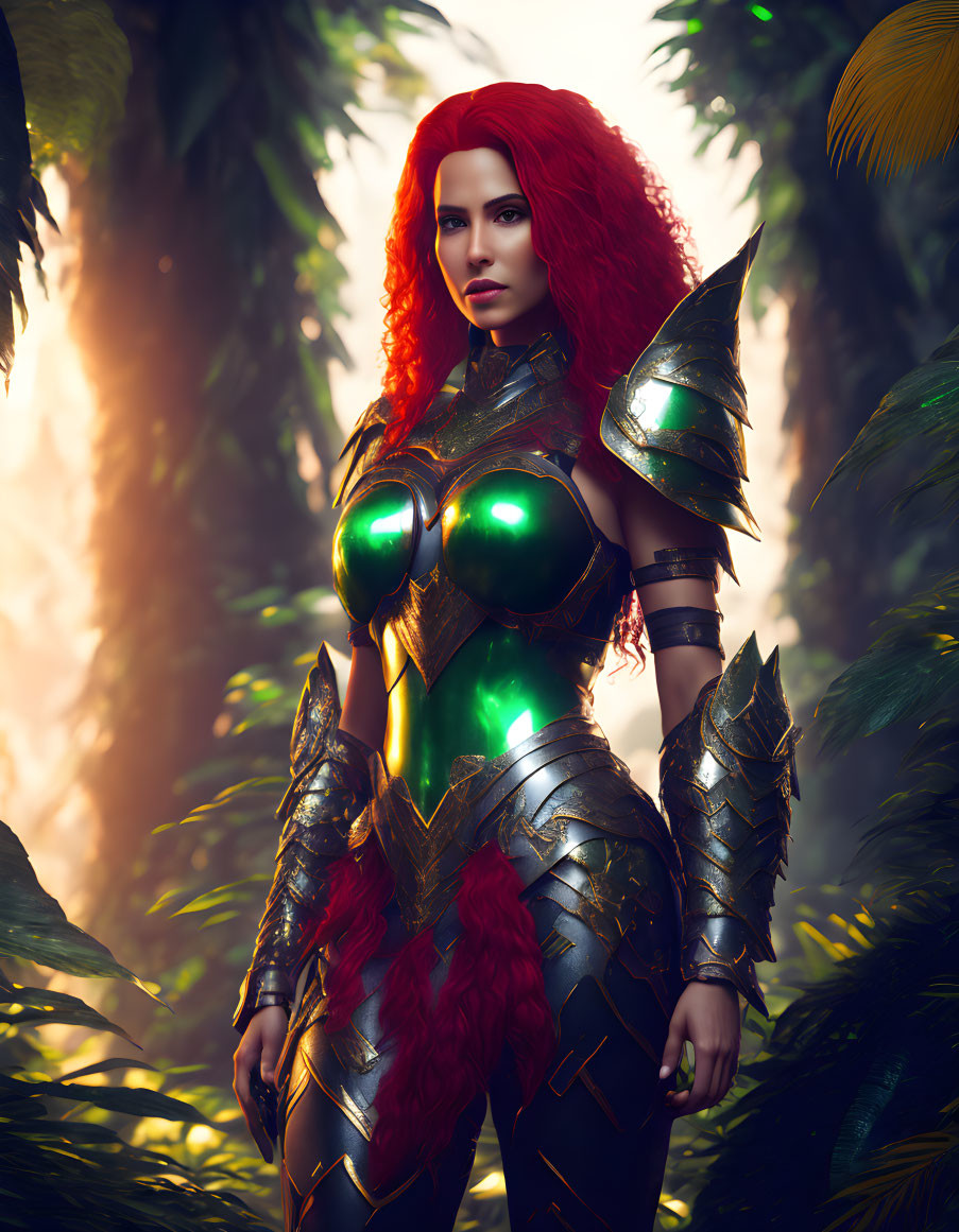 Vibrant red-haired woman in green and gold armor in sunlit forest
