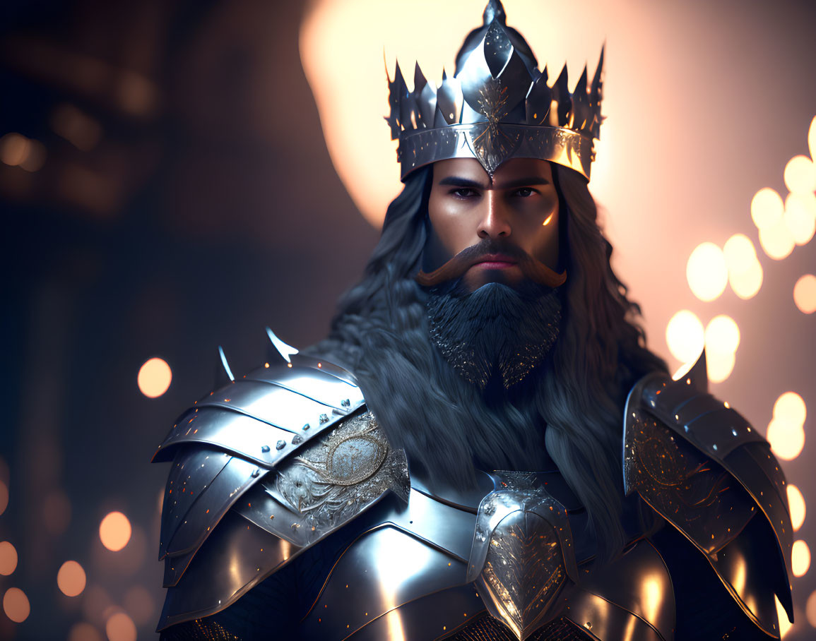 Regal figure in ornate armor with crown, stern expression, surrounded by shimmering lights