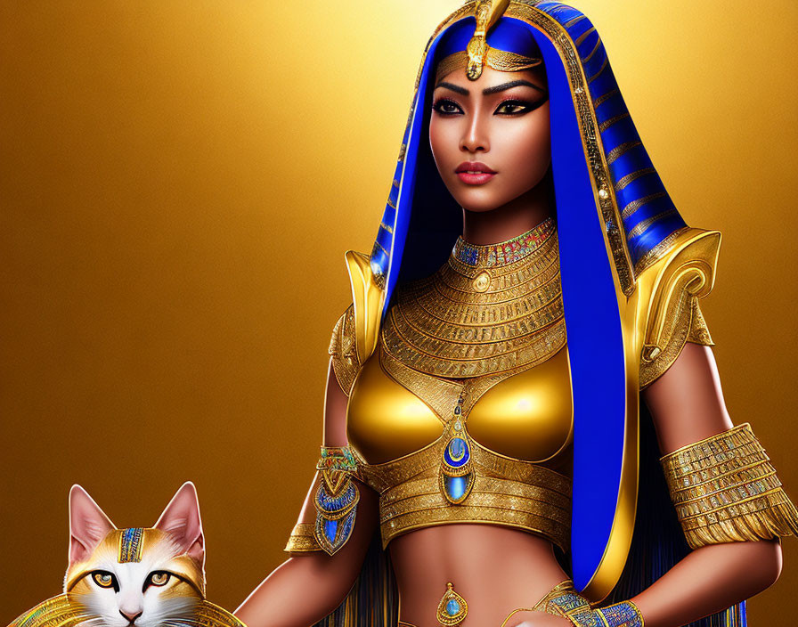 Egyptian queen with golden armor and cat on golden background