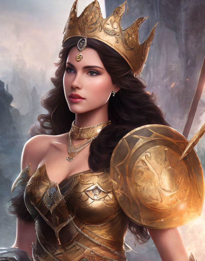 Regal woman in golden crown and armor with fantasy backdrop