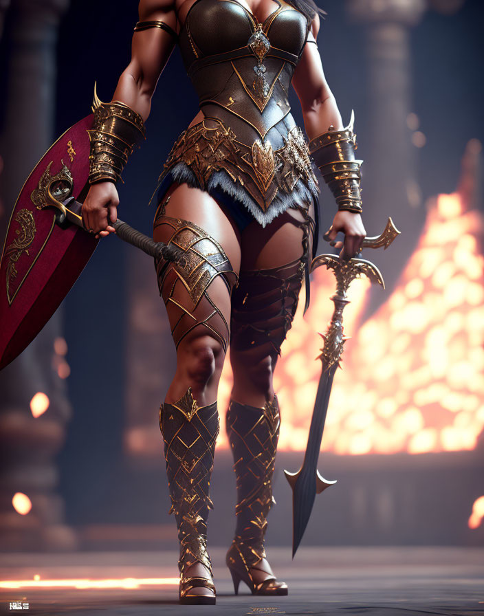 Warrior woman in ornate armor with shield and axe by blazing fire