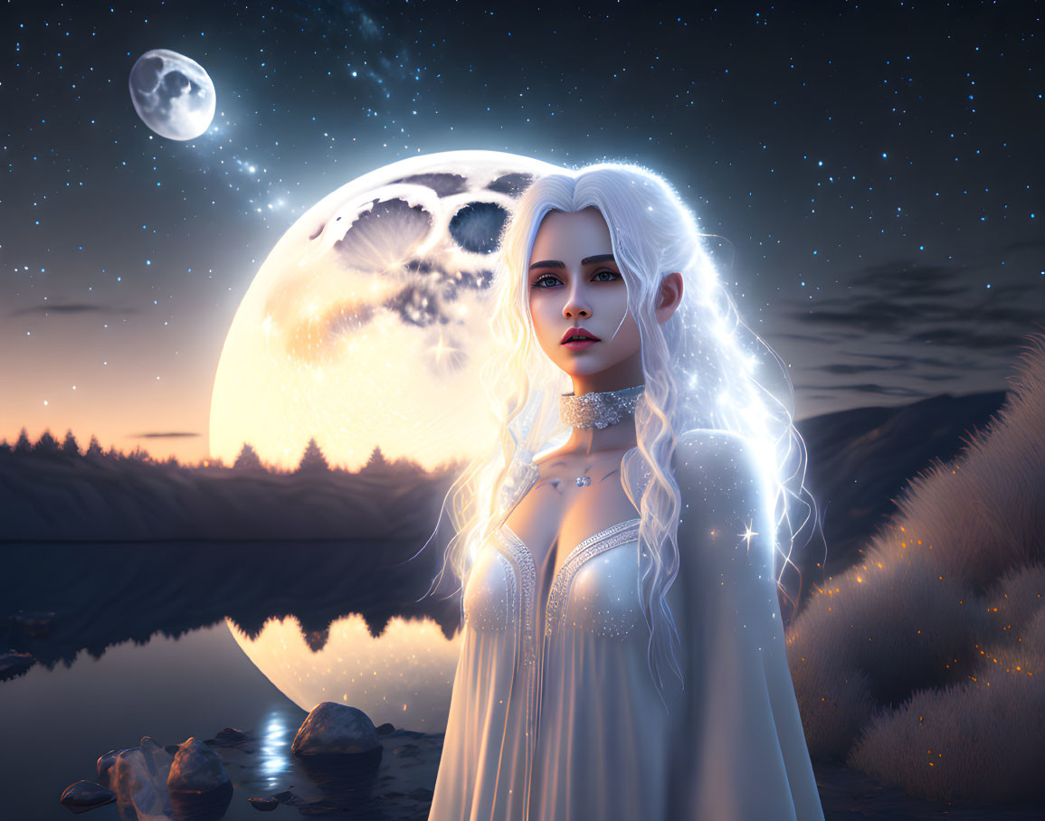 Ethereal white-haired woman in fantasy moonlit scene